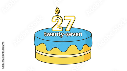 Digital illustration of a yellow cake with blue icing and a lit candle on top displaying the number twenty-seven on a plain white background.