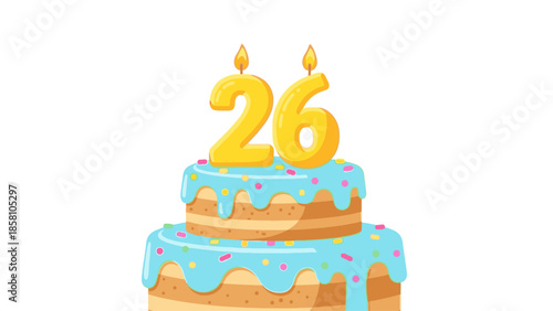 Illustration of a two-tiered birthday cake with blue icing and the number 26 on top with lit candles against a plain white background.