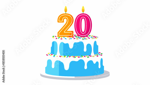 A blue frosted cake with white icing and colorful sprinkles topped with a '20' candle on a plain white background.