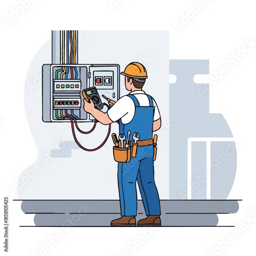 Electrician testing electrical panel with multimeter.