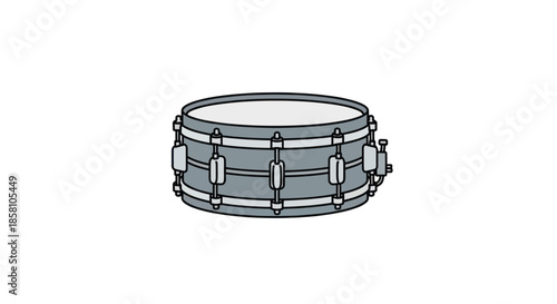 A detailed illustration of a classic grey snare drum with silver hardware.