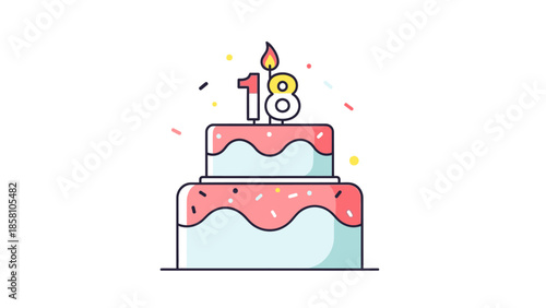 Flat illustration of a two-tier birthday cake with pink icing and a lit candle on top of the number 18 against a clean white background.