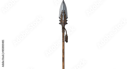 Ancient Tribal Spear with Ornate Metal Head and Wooden Shaft.