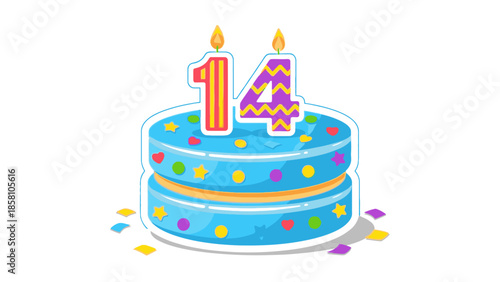 Cartoon-style illustration of a blue birthday cake with colorful polka dots and confetti, featuring a lit candle in the shape of the number fourteen on top, against a clean white background.