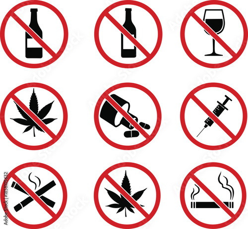 Prohibition icons vector set with no alcohol drugs smoking and forbidden symbols in flat warning sign style
