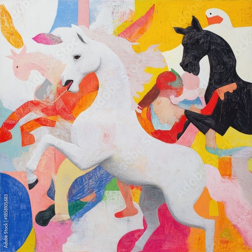 Magical horse parade colorful fantasy land art painting vibrant environment abstract viewpoint