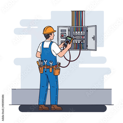 Electrician Testing Electrical Panel with Multimeter.