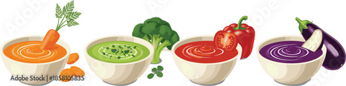 Set of colorful vegetable soup bowls illustration with carrot broccoli tomato eggplant flavors isolated on white background