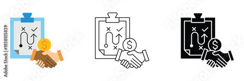 Strategic business planning and financial partnership agreement icon set, symbolizing successful investment deals and collaborative ventures