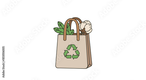 Reusable shopping bag with recycling symbol and natural items.