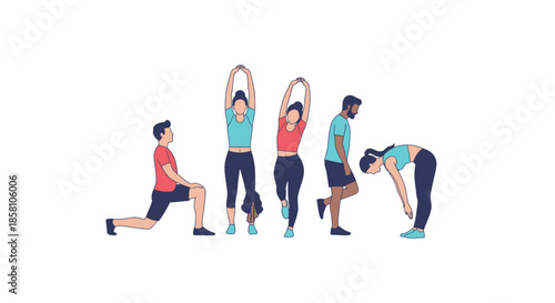 Group of People Performing Various Stretching Exercises.