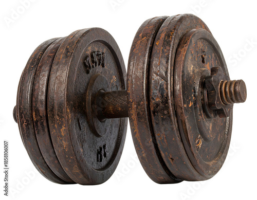 Vintage rusty adjustable dumbbell with iron weight plates
