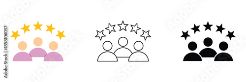 Iconic depiction of a group with five stars, symbolizing excellent customer satisfaction, top service quality, high user reviews, and successful team performance or recognition