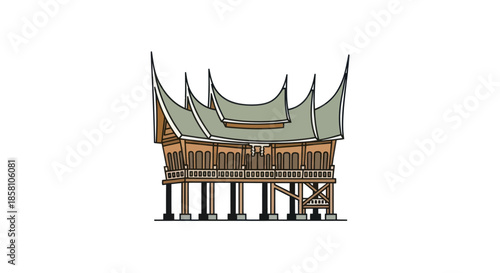Traditional Indonesian Minangkabau House with Distinctive Rooflines.