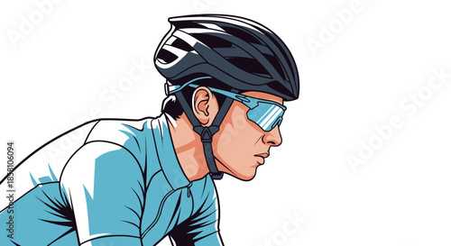 Dynamic illustration of a male cyclist in a black helmet and blue sports sunglasses.