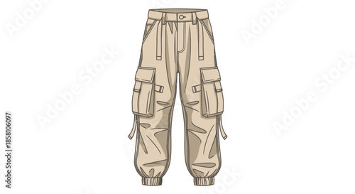 Beige Cargo Pants with Multiple Pockets and Drawstrings.