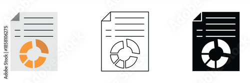 Collection of document icons featuring pie charts, ideal for illustrating business reports, financial data analysis, and statistical presentations in various design projects