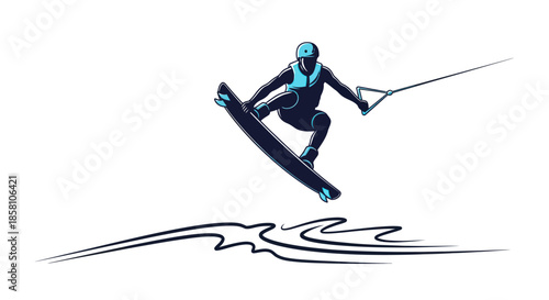 Wakeboarder in Mid-Air: Action Sports Illustration with Dynamic Water Splash Design.