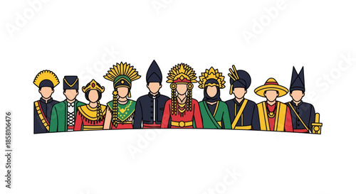 Diverse Group of People in Traditional Cultural Costumes and Elaborate Headwear.