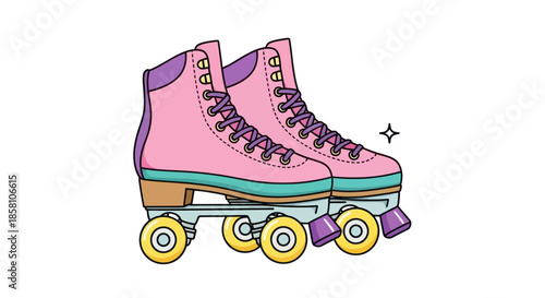 Retro Pink Roller Skates with Yellow Wheels and Purple Accents.