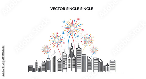 Festive Fireworks Display Over a Modern City Skyline Silhouette.