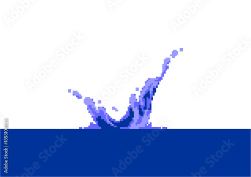 A vibrant, pixelated blue water splash erupts from a calm surface against a clean white background. A retro, 8-bit style illustration of a liquid impact.