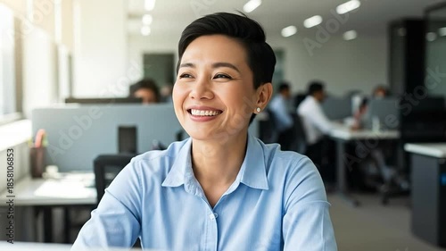 Smiling Adult Asian Woman in Office Environment Engaged in Positive Work Atmosphere