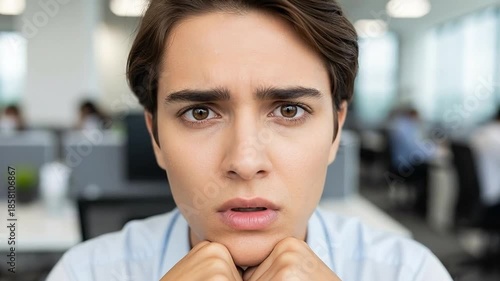 Concerned Young Male Professional in Office Setting with Worrying Expression