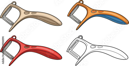 Vegetable peeler set illustration colorful kitchen tool collection modern handheld peeler designs isolated vector cooking utensil concept for home use
