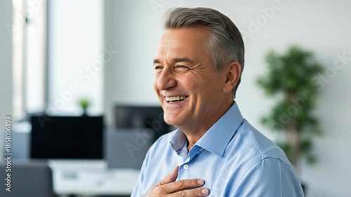 Smiling Middle-Aged Man in Office Environment Radiating Joy and Positivity