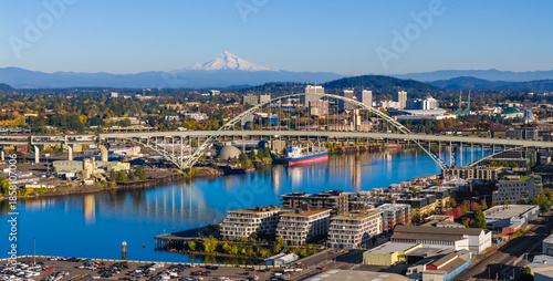 Aerial view of the Fremont Bridge is a steel tied-arch bridge, over the Willamette River located in Portland, Oregon, USA.