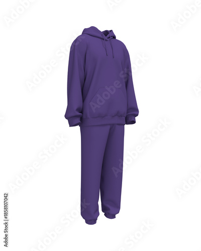 Oversized men’s hoodie and sweatpants set mockup. Unisex streetwear tracksuit, front and back view. 3d illustration, 3d rendering