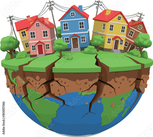 Adobe Stock Title Vector illustration of a catastrophic earthquake causing deep ground cracks under suburban houses on a floating earth globe with damaged power lines