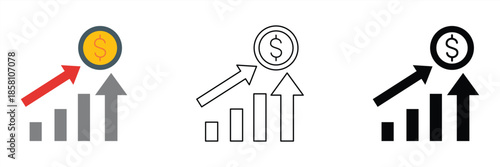 Icon demonstrating financial growth, investment success, and market prosperity. Upward trending bar chart and dollar coin symbolize economic progress