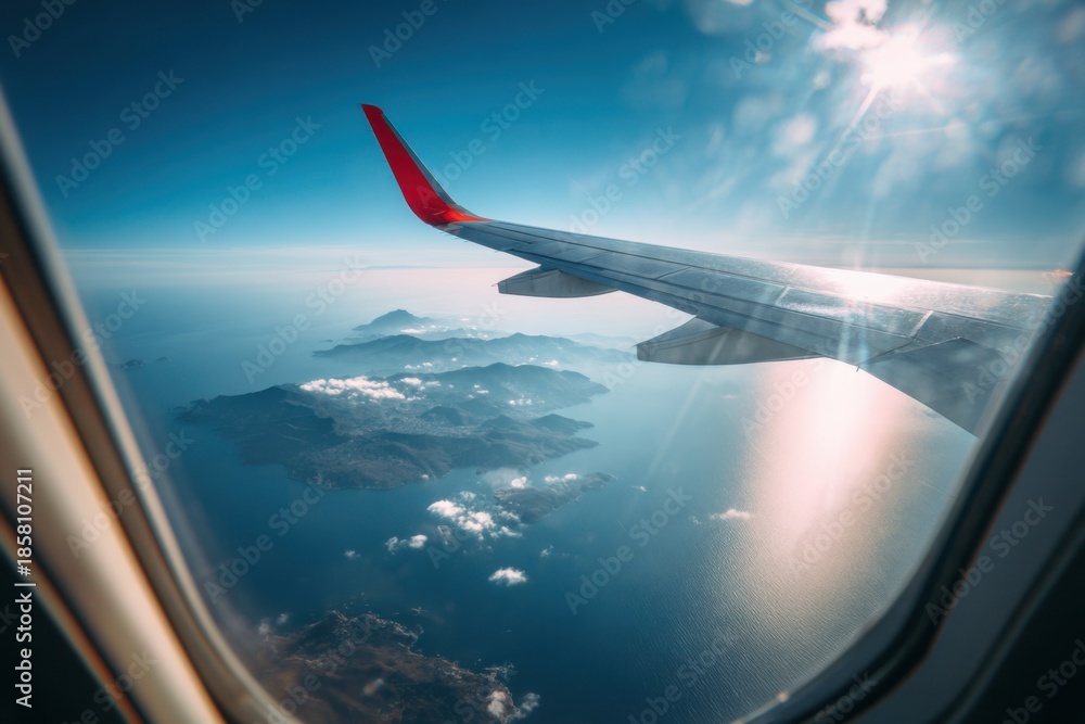 Fototapeta premium Airplane window view of islands and ocean