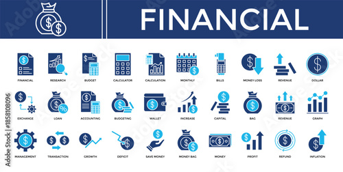 Financial icon set collection. Containing invest, calculate, value, increase, bills, loss, profit .Solid vector icons collection