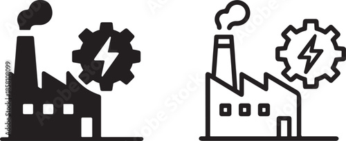 Black power plant icon pack silhouette for energy industry, electricity systems and UI.