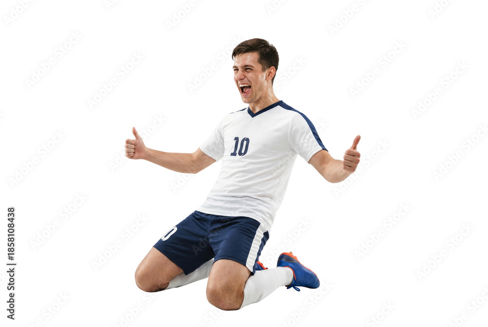 Fototapeta premium Excited Male Soccer Player Celebrating Victory Kneeling with Thumbs Up