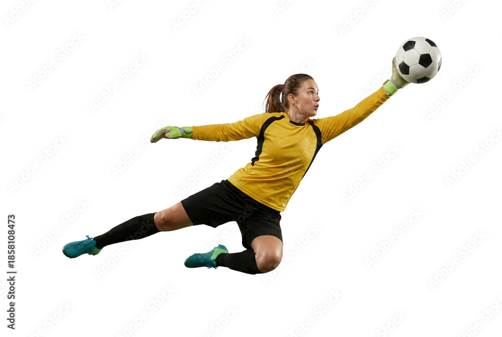 Fototapeta premium Female Soccer Goalkeeper Diving to Catch Ball Isolated on White