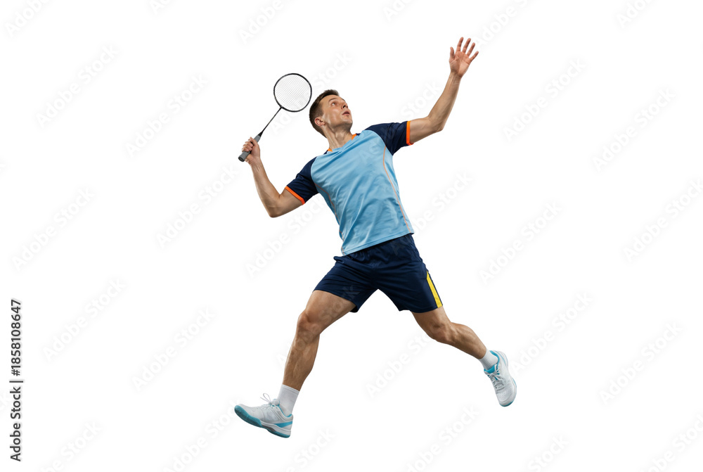 Fototapeta premium Male Badminton Player Jumping with Racket on White Background