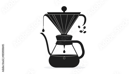 Minimalist vector illustration of pour-over coffee brewing, showcasing the essential process of preparing a fresh and aromatic hot beverage using a dripper and carafe setup