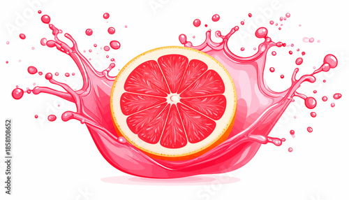 Explosion of fresh pink grapefruit juice with a vibrant citrus slice, perfect for illustrating healthy drinks, natural flavors, and refreshing fruit concepts