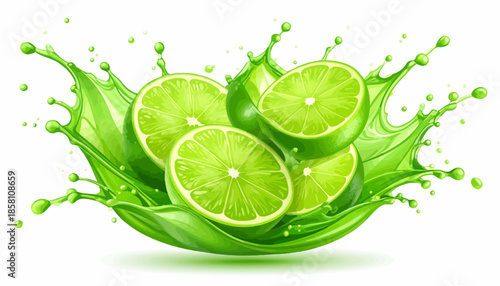 Refreshing splash of zesty lime juice with fresh green lime halves, illustrating a burst of natural flavor and invigorating freshness, perfect for beverages and healthy concepts