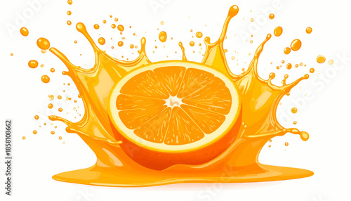 Vibrant orange slice dropping into fresh juice with a dynamic splash, showcasing a burst of citrus flavor and refreshing liquid motion on a clean white background