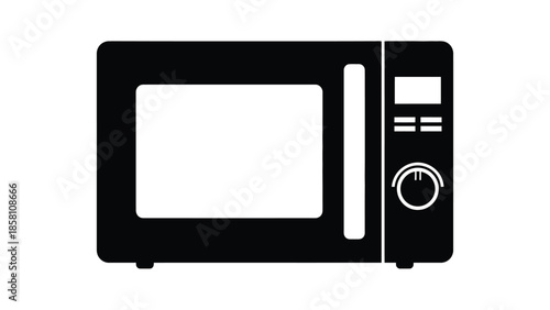 Simple black and white graphic icon illustrating a household microwave oven with a viewing window and control panel featuring a digital display and rotary dial for setting time or power levels.