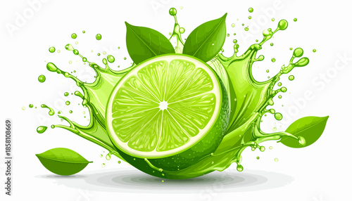 Refreshing Lime Splash A Vibrant Slice of Citrus Bursting with Juice and Green Leaves