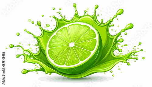 Vibrant lime slice exploding into a refreshing burst of green juice, capturing the essence of natural zest and energetic freshness, perfect for summer drinks and healthy lifestyle themes