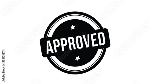 Black and white graphic stamp featuring the word approved centered within a circular emblem design suggesting final acceptance or validation in business contexts