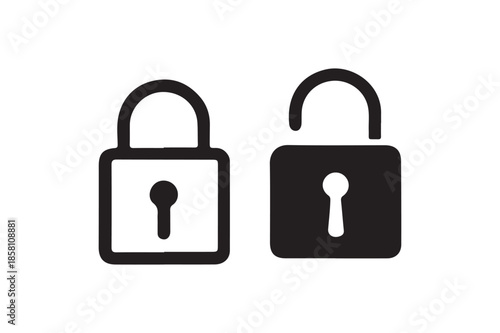 An open lock and a closed lock on a white background