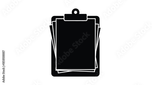 Simple black and white icon illustration representing a stack of papers securely held on a clipboard featuring a hanging loop for easy storage and organization in any professional setting